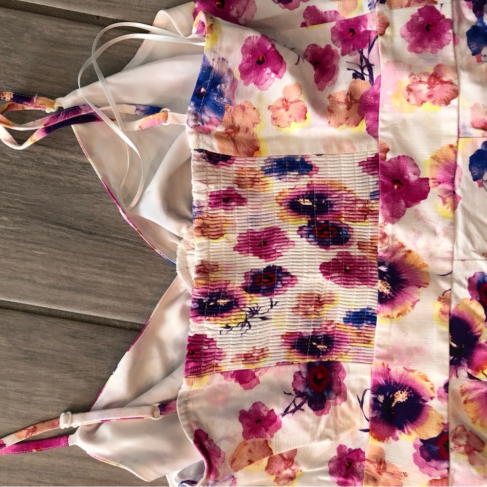 Bar III White Floral Jumpsuit with Pink and Purple Print